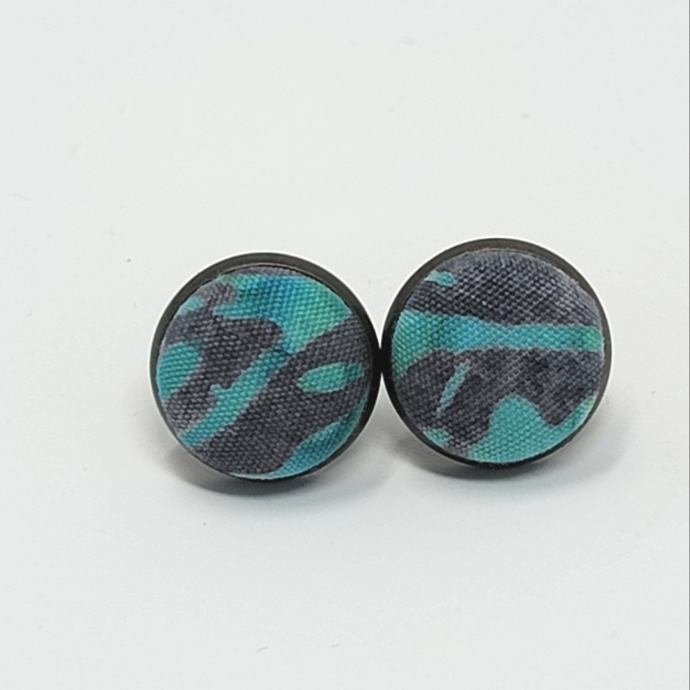 New Handmade | Upcycled Blue Gray Abstract Print Button Stud Earrings